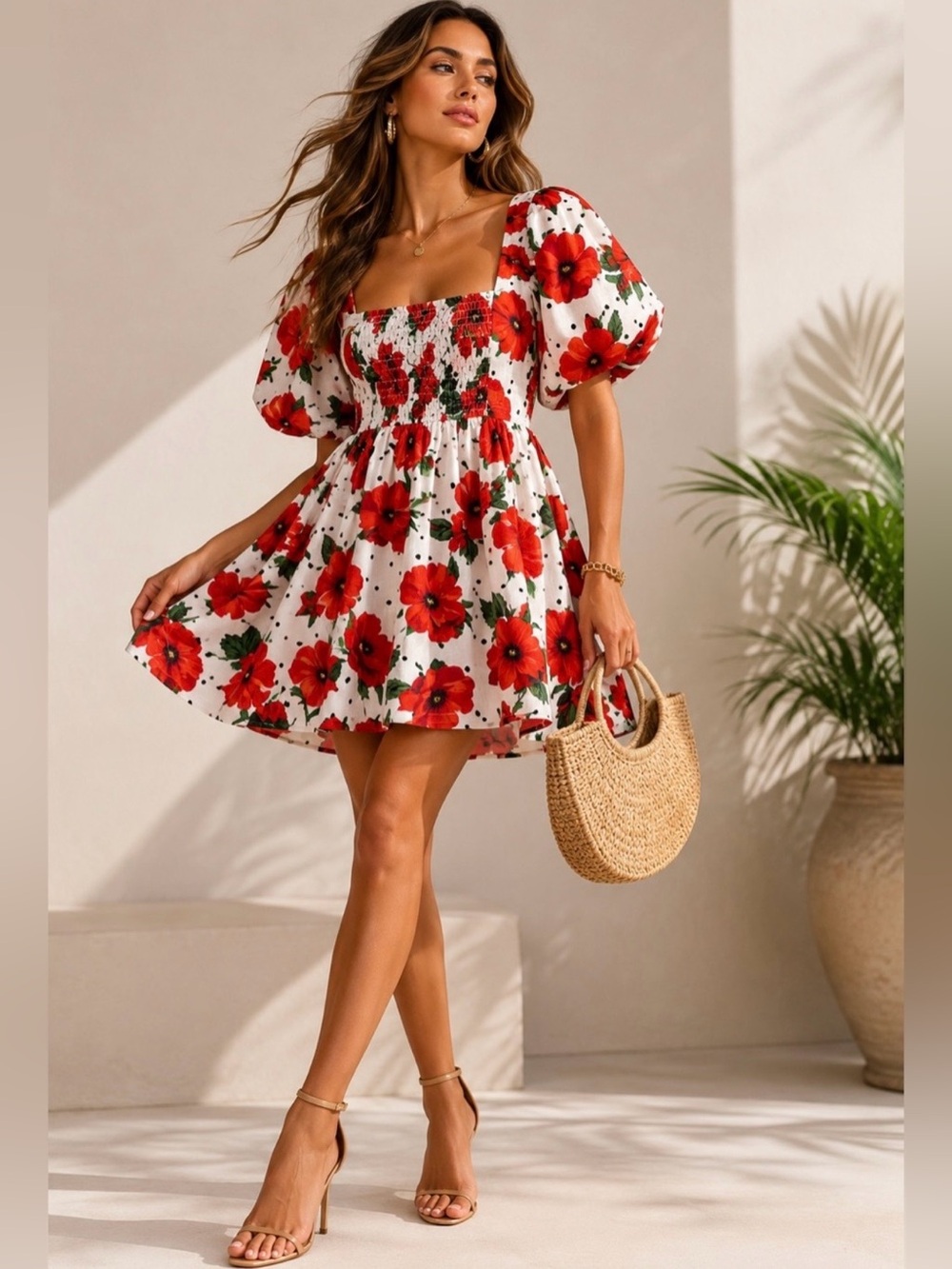 Maeve Anthropologie Red Poppy Floral Babydoll Puff Sleeve Mini Dress Size Medium